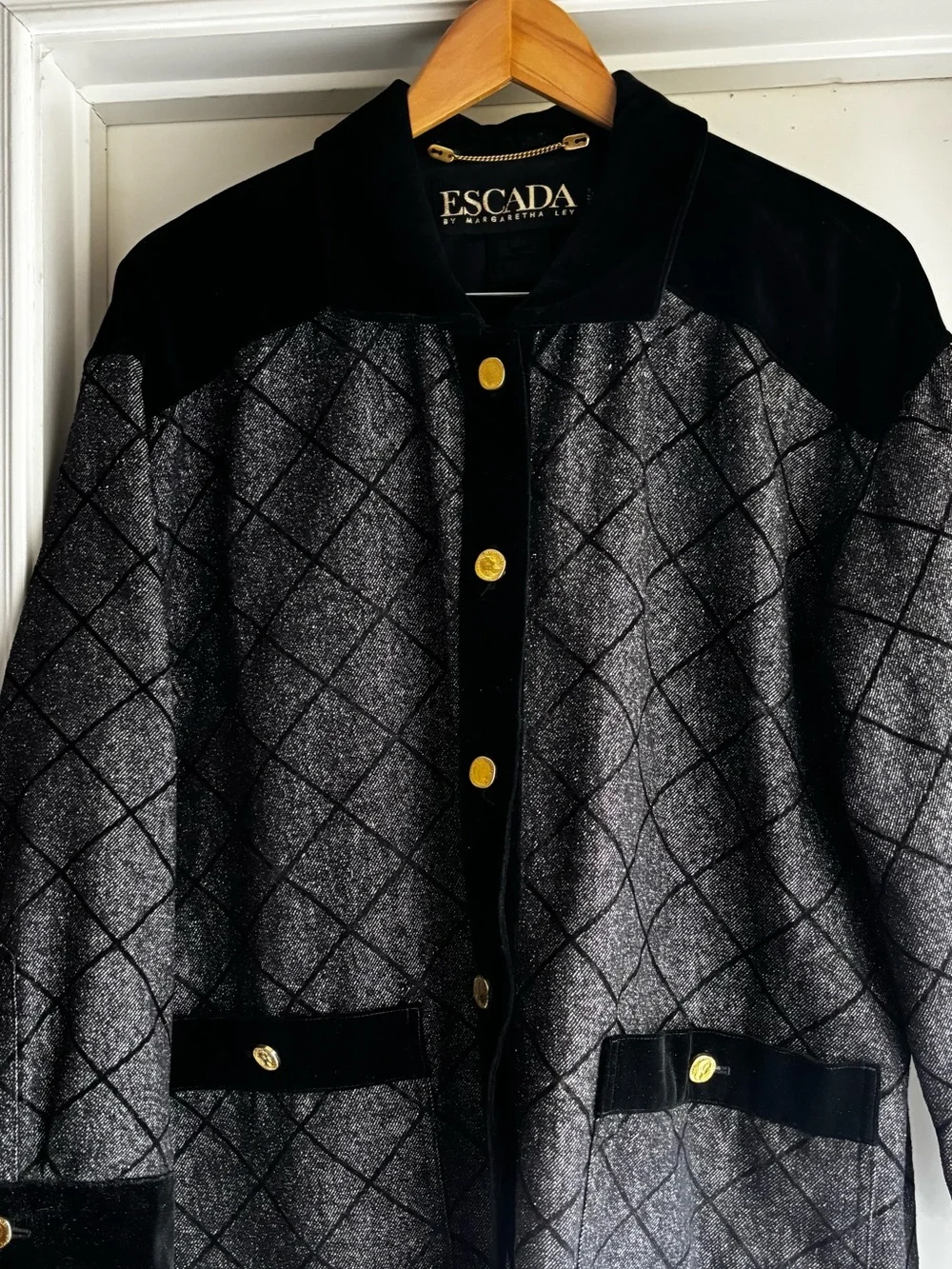 Escada Sparkly Silver Jacket with Black Velvet Trim and Signature Gold Buttons